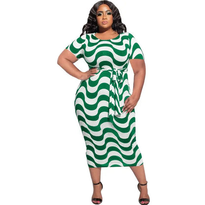Fashion Short Sleeve Striped Print Bandage Bodycon Casual Dresses Summer Plus Size Women&