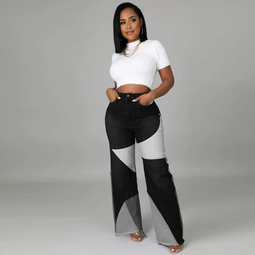 Autumn new European and American stretch plus size women's wide leg pants two tone jeans - Everyday Curves
