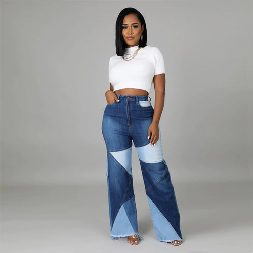 Autumn new European and American stretch plus size women's wide leg pants two tone jeans - Everyday Curves