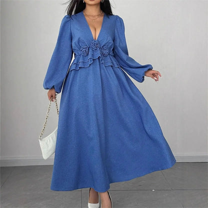Fashionable V-Neck Floral Maxi Dress with Waist Cinching, Plus Size Women&