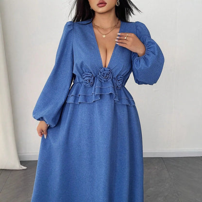Fashionable V-Neck Floral Maxi Dress with Waist Cinching, Plus Size Women&
