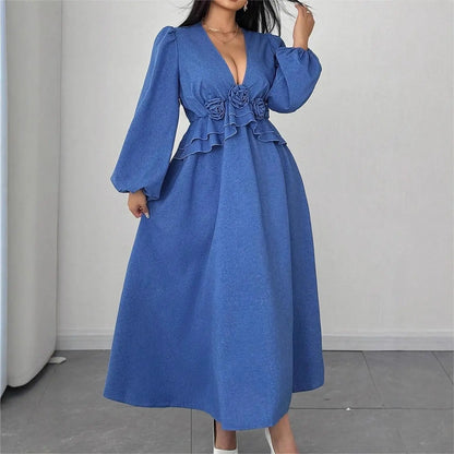 Fashionable V-Neck Floral Maxi Dress with Waist Cinching, Plus Size Women&