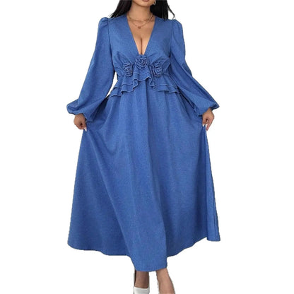 Fashionable V-Neck Floral Maxi Dress with Waist Cinching, Plus Size Women&