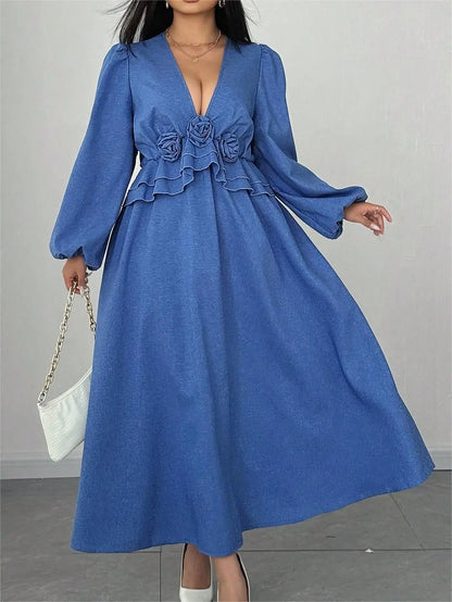 Fashionable V-Neck Floral Maxi Dress with Waist Cinching, Plus Size Women&