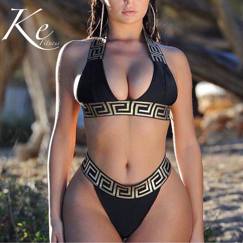 2 Pieces Swimsuit Fashion Striped Milk Silk Without Pad Swimwear Black Women's Swim Suit Bikini Swimsuit - Everyday Curves