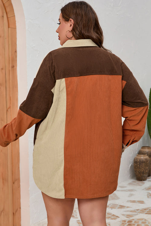 Brown Corduroy Colorblock Pocket Plus Size Jacket - Everyday Curves
