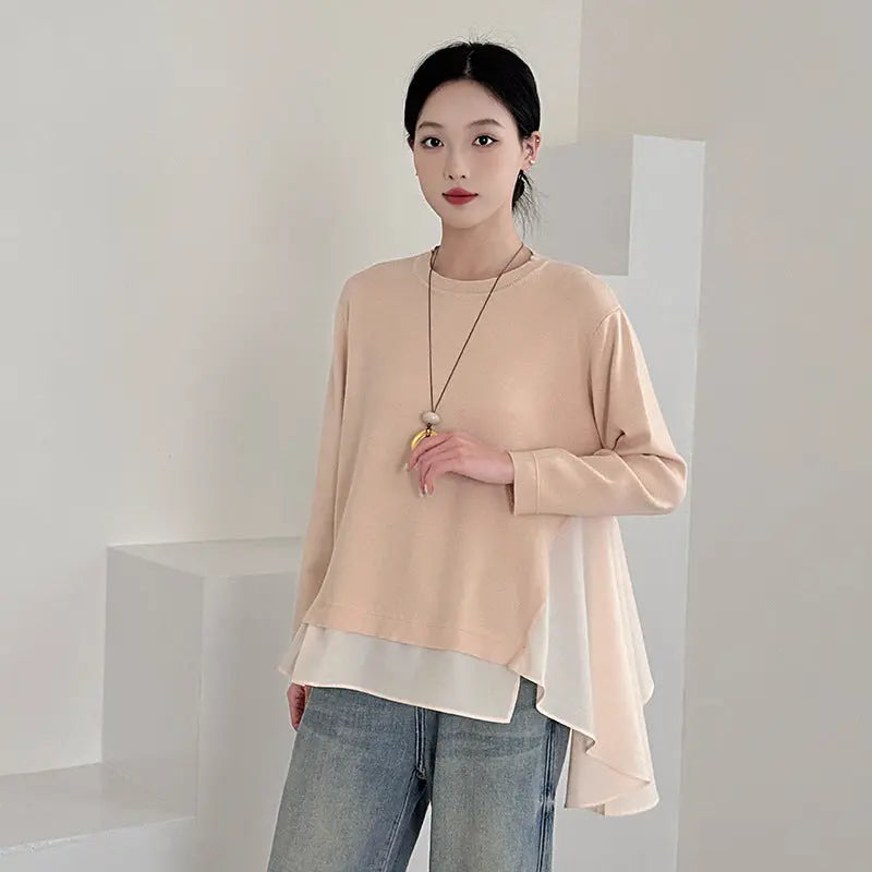 Fashionable Loose Knit Sweater for Women with Patchwork Design Casual Office Wear Plus Size Comfort Fit Top - Everyday Curves