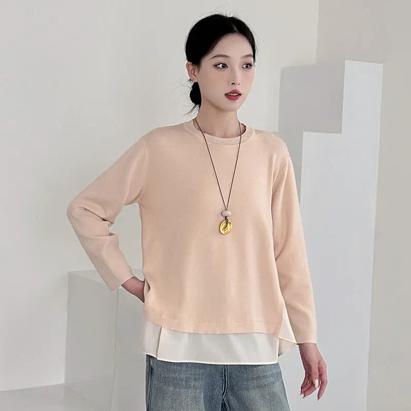 Fashionable Loose Knit Sweater for Women with Patchwork Design Casual Office Wear Plus Size Comfort Fit Top - Everyday Curves