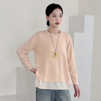 Fashionable Loose Knit Sweater for Women with Patchwork Design Casual Office Wear Plus Size Comfort Fit Top - Everyday Curves