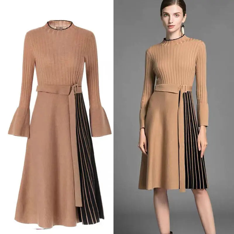 Elegant Lady Midi Dress Patchwork Striped Blue Flare Long Sleeve Office Lady Robe Dresses Autumn Winter Plus Size - Everyday Curves