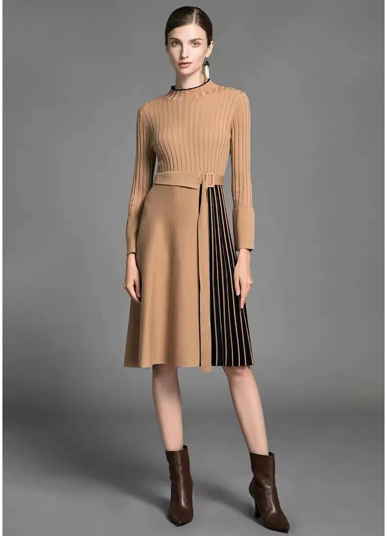 Elegant Lady Midi Dress Patchwork Striped Blue Flare Long Sleeve Office Lady Robe Dresses Autumn Winter Plus Size - Everyday Curves