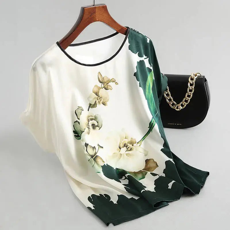 Women Silk Satin Blouses Plus size Batwing sleeve Vintage Print Floral Blouse Ladies Casual Short sleeve Tops - Everyday Curves