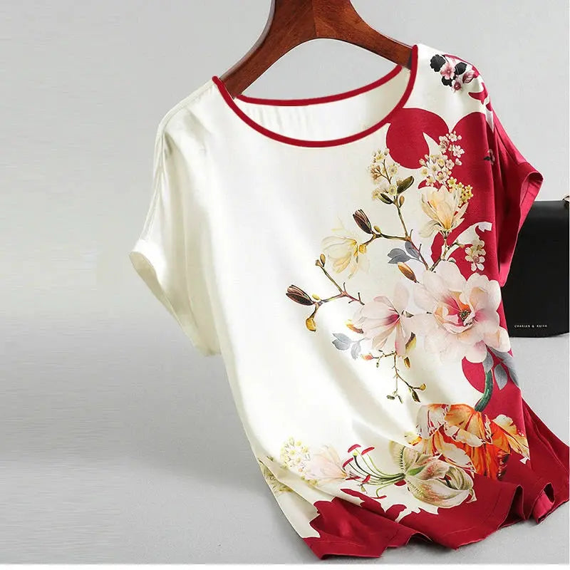 Women Silk Satin Blouses Plus size Batwing sleeve Vintage Print Floral Blouse Ladies Casual Short sleeve Tops - Everyday Curves