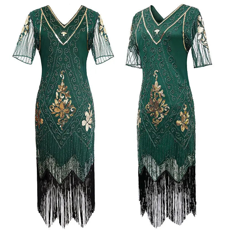Vintage Sequin Flapper Fringe Dress Evening Party Dance Dress Plus Size Sexy Formal Gown - Everyday Curves