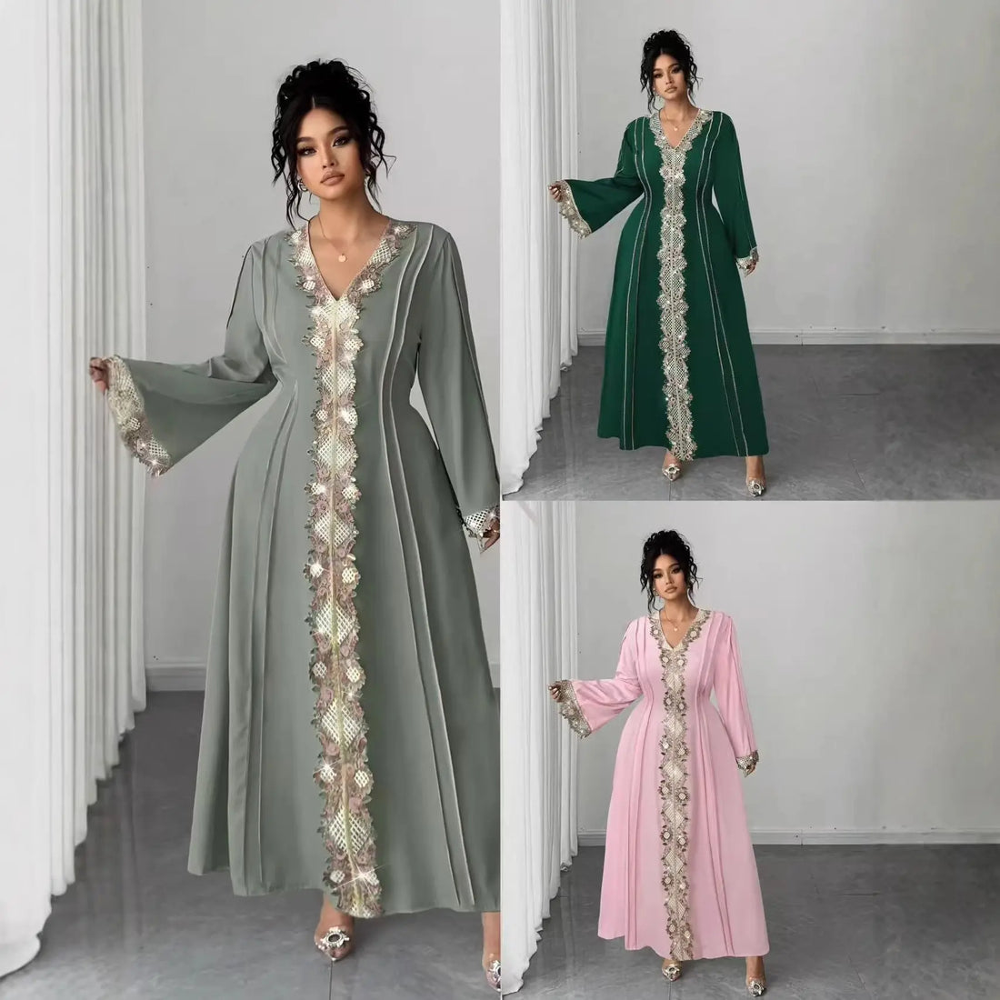 Elegant Vintage Lace Embroidered Maxi Dress with V-Neck and Fitted Waist, Flowy Skirt Women&