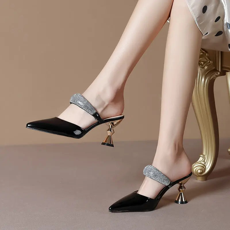 French sexy fashionable outer wear rhinestone sandals for women with pointed toe high heels - Everyday Curves