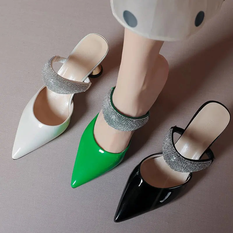 French sexy fashionable outer wear rhinestone sandals for women with pointed toe high heels - Everyday Curves