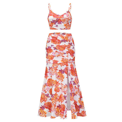 European And American Style Sling Print Pleated Slit Sexy Two Piece Dress Plus Size Women Clothing - Everyday Curves