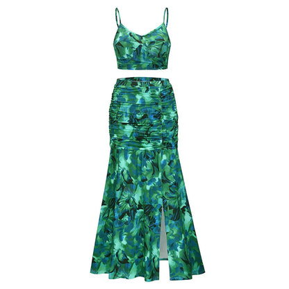 European And American Style Sling Print Pleated Slit Sexy Two Piece Dress Plus Size Women Clothing - Everyday Curves