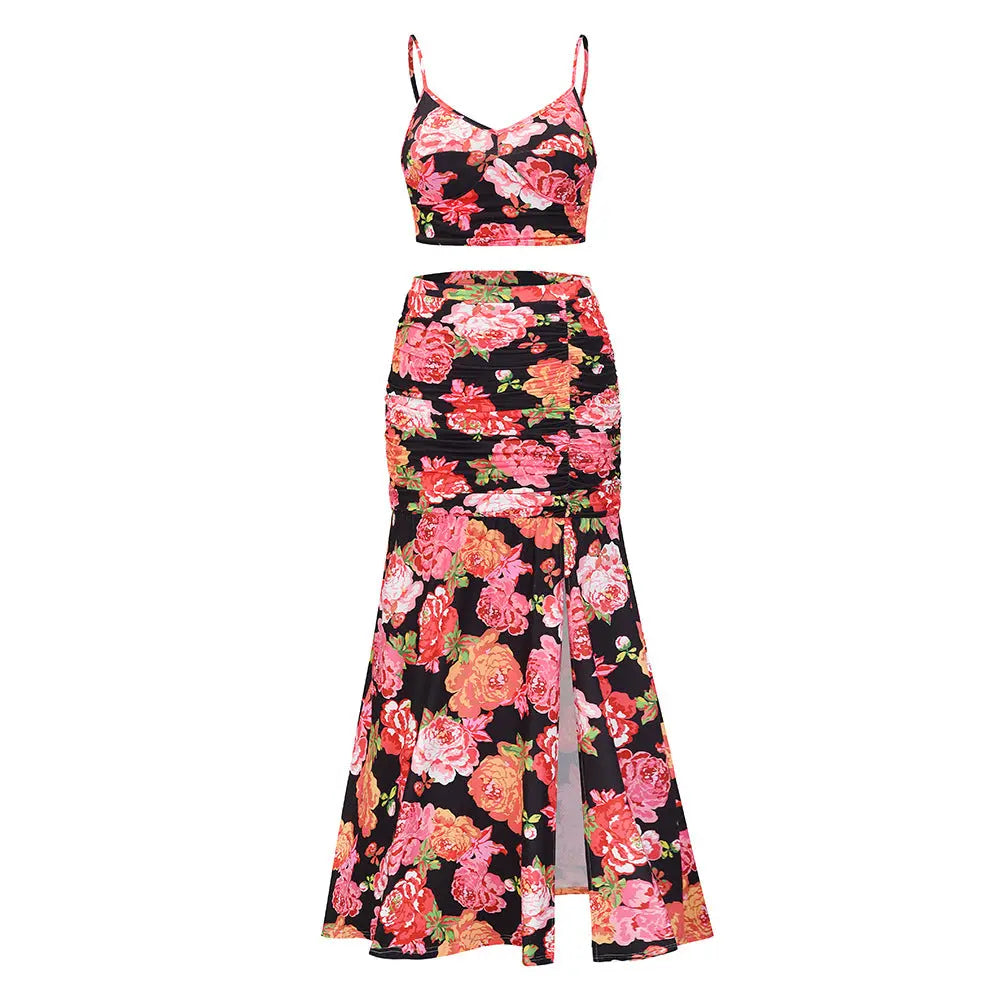 European And American Style Sling Print Pleated Slit Sexy Two Piece Dress Plus Size Women Clothing - Everyday Curves