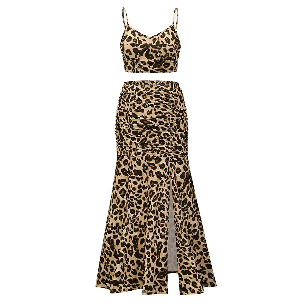 European And American Style Sling Print Pleated Slit Sexy Two Piece Dress Plus Size Women Clothing - Everyday Curves