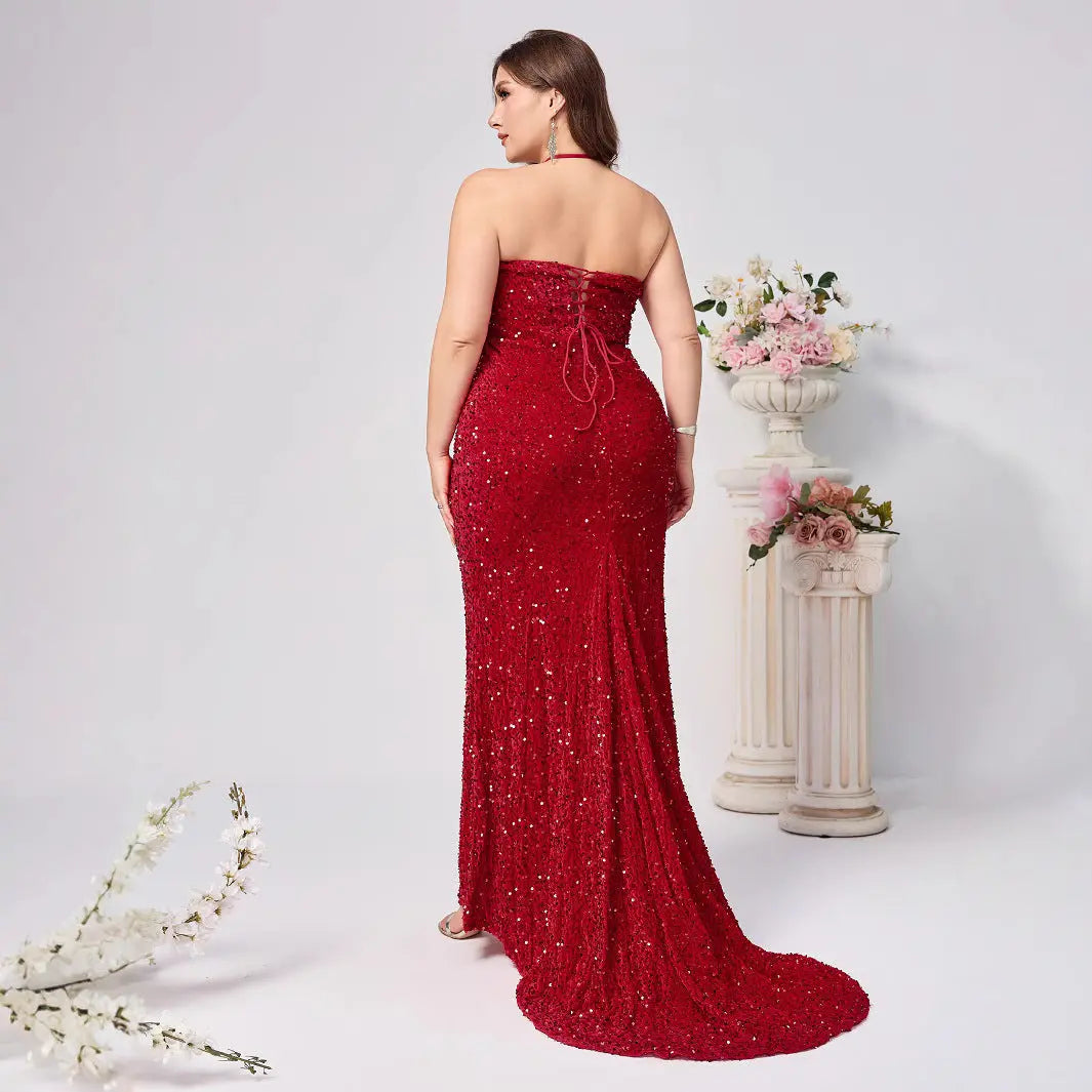 Elegant Red Sleeveless Sequined Dress with Neckline and Slit for Women, Fashionable and Sexy, Plus Size, Party Dress - Everyday Curves