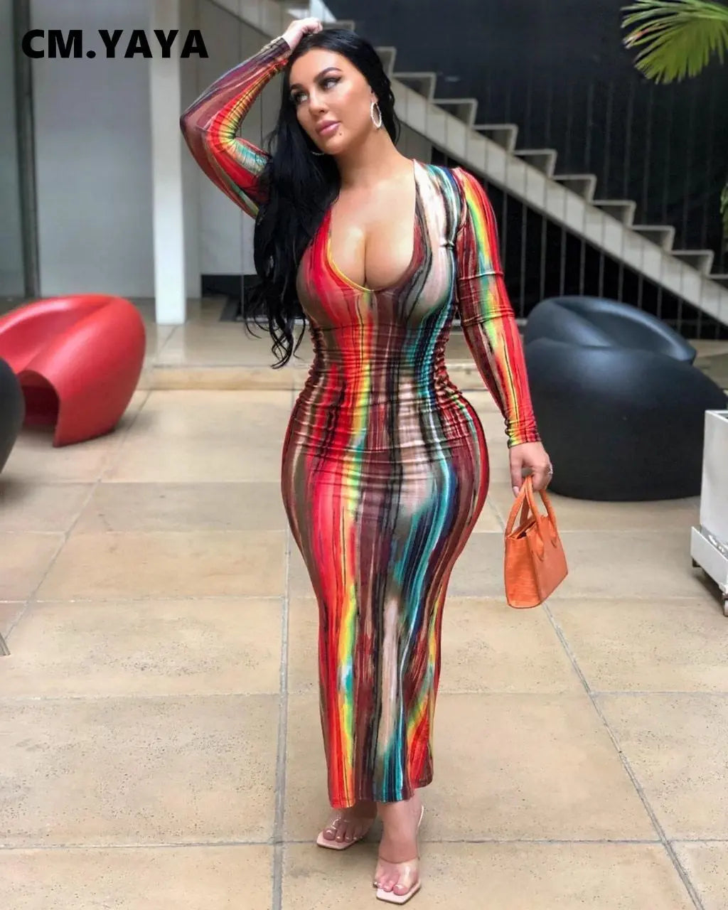 Women Plus Size Dress Tie Dye Full Sleeve V-neck Stretchy Skinny Boydcon Pencil Long Maxi Dresses Sexy Vestidos Autumn - Everyday Curves