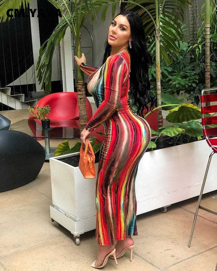 Women Plus Size Dress Tie Dye Full Sleeve V-neck Stretchy Skinny Boydcon Pencil Long Maxi Dresses Sexy Vestidos Autumn - Everyday Curves