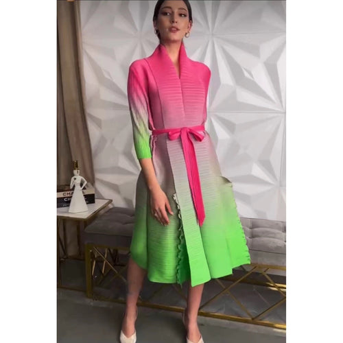 Autumn Gradient Pleated Dress Women Bandage Lapel Luxury Long Sleeve Plus Size Summer Female Elegant Clothing - Everyday Curves