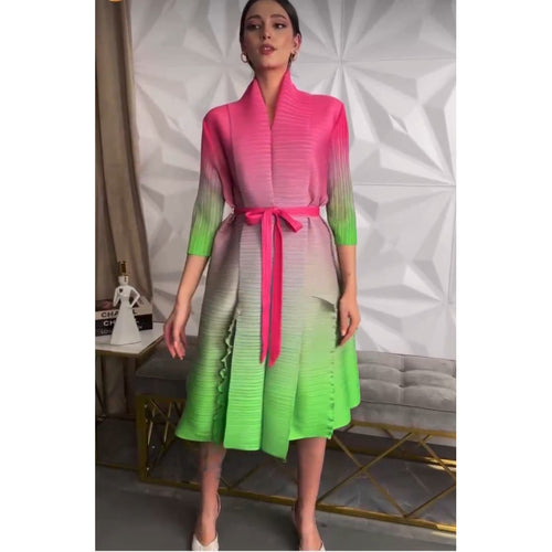 Autumn Gradient Pleated Dress Women Bandage Lapel Luxury Long Sleeve Plus Size Summer Female Elegant Clothing - Everyday Curves