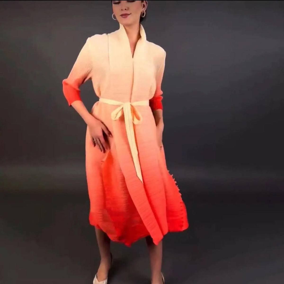 Autumn Gradient Pleated Dress Women Bandage Lapel Luxury Long Sleeve Plus Size Summer Female Elegant Clothing - Everyday Curves