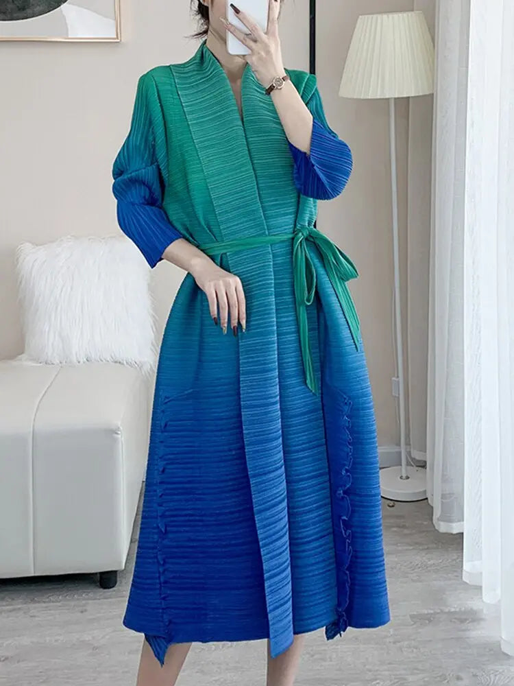 Autumn Gradient Pleated Dress Women Bandage Lapel Luxury Long Sleeve Plus Size Summer Female Elegant Clothing - Everyday Curves