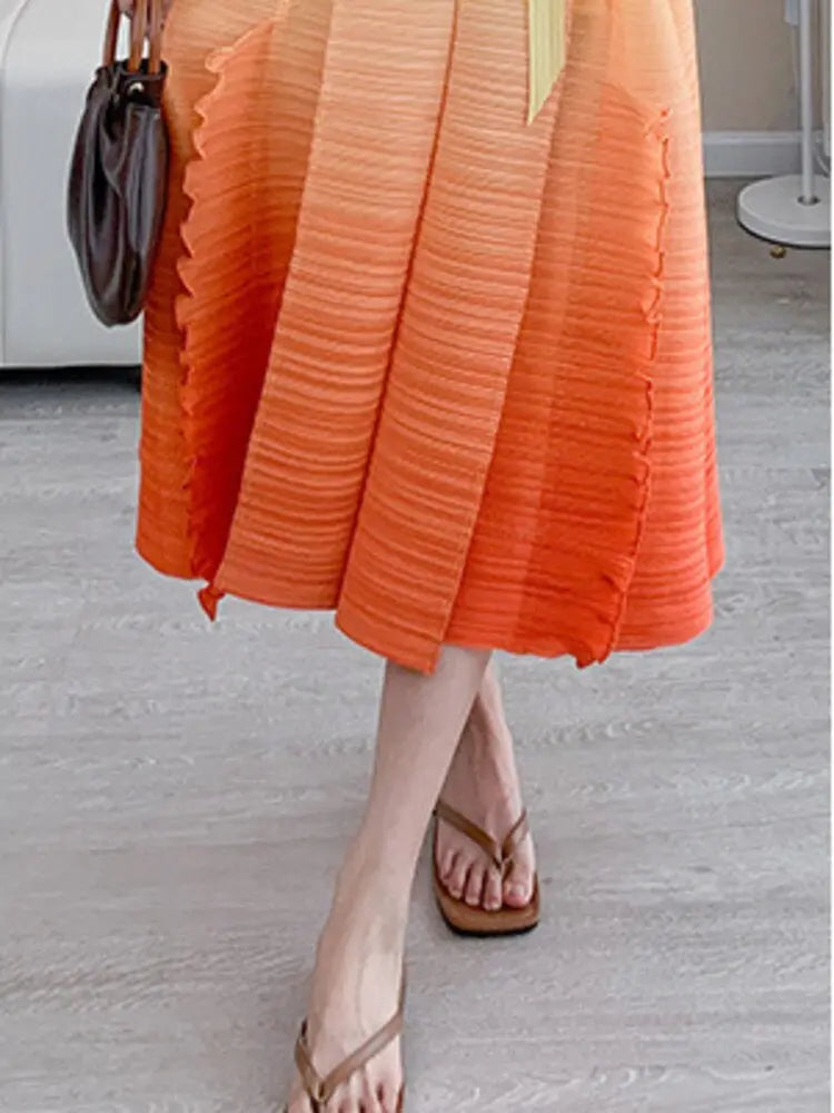 Autumn Gradient Pleated Dress Women Bandage Lapel Luxury Long Sleeve Plus Size Summer Female Elegant Clothing - Everyday Curves