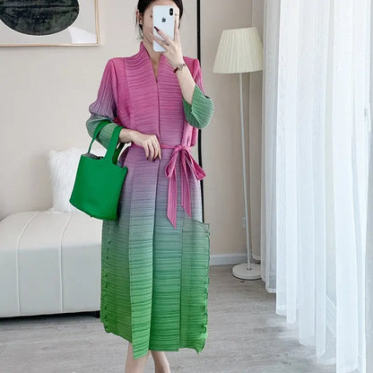 Autumn Gradient Pleated Dress Women Bandage Lapel Luxury Long Sleeve Plus Size Summer Female Elegant Clothing - Everyday Curves