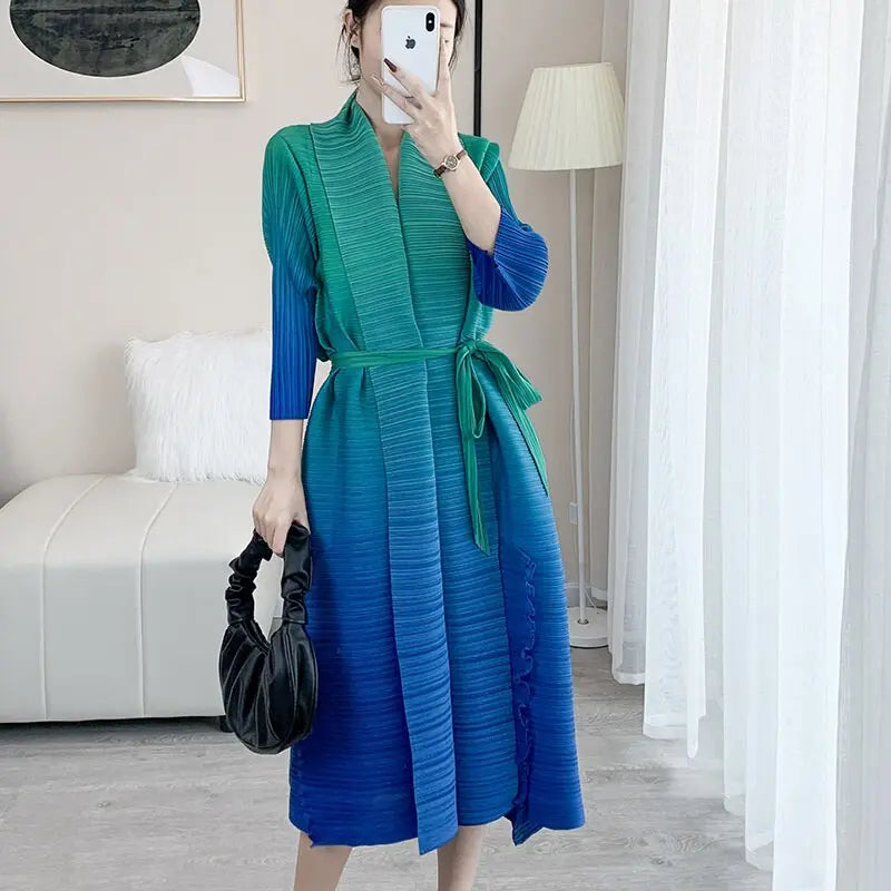 Autumn Gradient Pleated Dress Women Bandage Lapel Luxury Long Sleeve Plus Size Summer Female Elegant Clothing - Everyday Curves