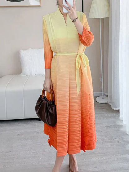 Autumn Gradient Pleated Dress Women Bandage Lapel Luxury Long Sleeve Plus Size Summer Female Elegant Clothing - Everyday Curves
