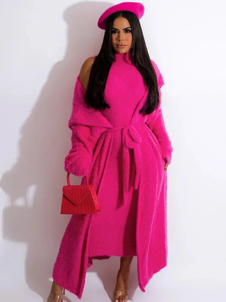 Women Long Cardigan Dress 2 Piece Set Autumn Full Sleeve Lapel Coat Sets Female Elegant Outfits - Everyday Curves