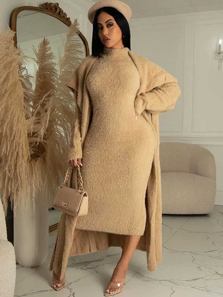 Women Long Cardigan Dress 2 Piece Set Autumn Full Sleeve Lapel Coat Sets Female Elegant Outfits - Everyday Curves