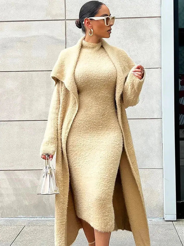 Women Long Cardigan Dress 2 Piece Set Autumn Full Sleeve Lapel Coat Sets Female Elegant Outfits - Everyday Curves