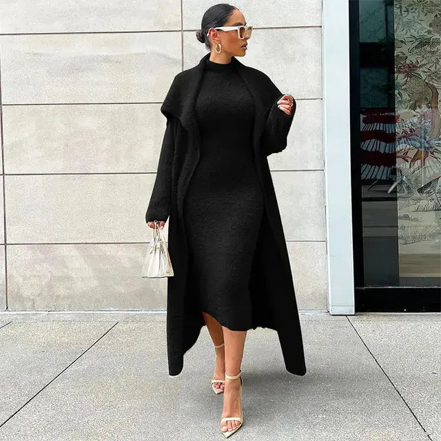 Women Long Cardigan Dress 2 Piece Set Autumn Full Sleeve Lapel Coat Sets Female Elegant Outfits - Everyday Curves
