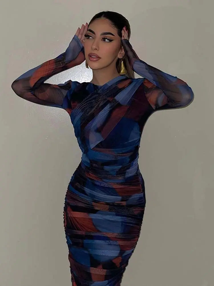 Women 2 Pieces Sets Fashion Silk Net Print Blouse Tops + High Waist Pleat Midi Skirt Set Womens Outfits - Everyday Curves