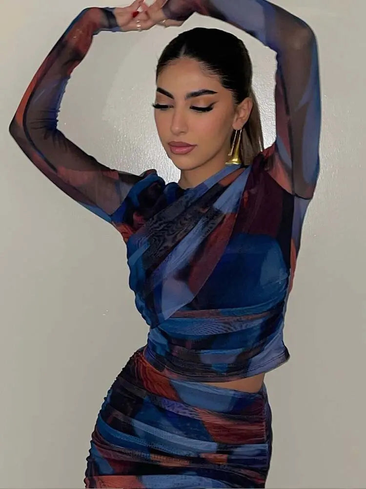 Women 2 Pieces Sets Fashion Silk Net Print Blouse Tops + High Waist Pleat Midi Skirt Set Womens Outfits - Everyday Curves