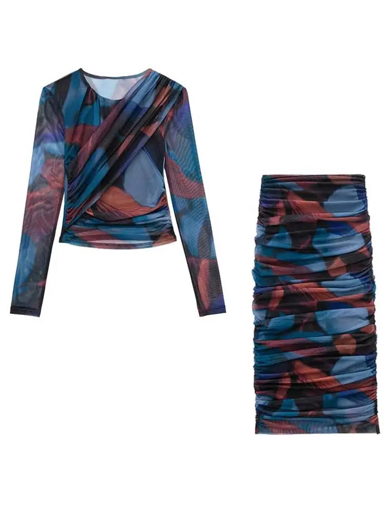 Women 2 Pieces Sets Fashion Silk Net Print Blouse Tops + High Waist Pleat Midi Skirt Set Womens Outfits - Everyday Curves