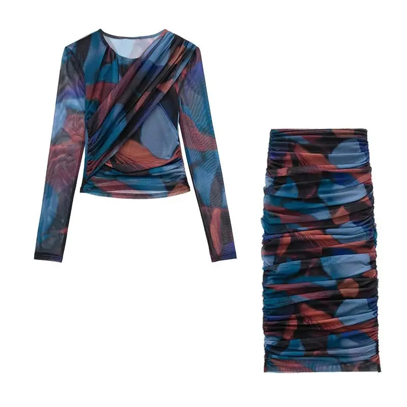 Women 2 Pieces Sets Fashion Silk Net Print Blouse Tops + High Waist Pleat Midi Skirt Set Womens Outfits - Everyday Curves