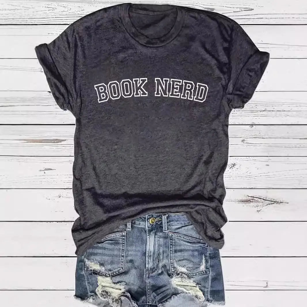 BOOK NERD Pattern Round Neck Short Sleeve - Everyday Curves