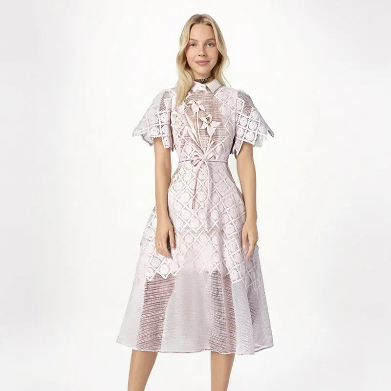 Evening Dresses Polo Collar Short Sleeve Embroidery Hollow Out Midi Dresses Retro Style High Waist Elegant Party Dresses Woman - Everyday Curves