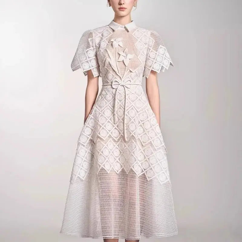 Evening Dresses Polo Collar Short Sleeve Embroidery Hollow Out Midi Dresses Retro Style High Waist Elegant Party Dresses Woman - Everyday Curves