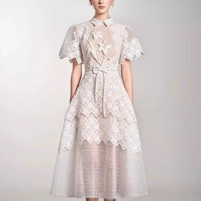 Evening Dresses Polo Collar Short Sleeve Embroidery Hollow Out Midi Dresses Retro Style High Waist Elegant Party Dresses Woman - Everyday Curves