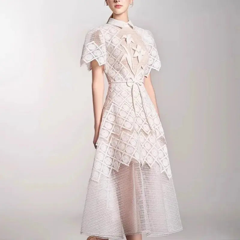 Evening Dresses Polo Collar Short Sleeve Embroidery Hollow Out Midi Dresses Retro Style High Waist Elegant Party Dresses Woman - Everyday Curves