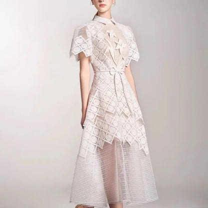 Evening Dresses Polo Collar Short Sleeve Embroidery Hollow Out Midi Dresses Retro Style High Waist Elegant Party Dresses Woman - Everyday Curves